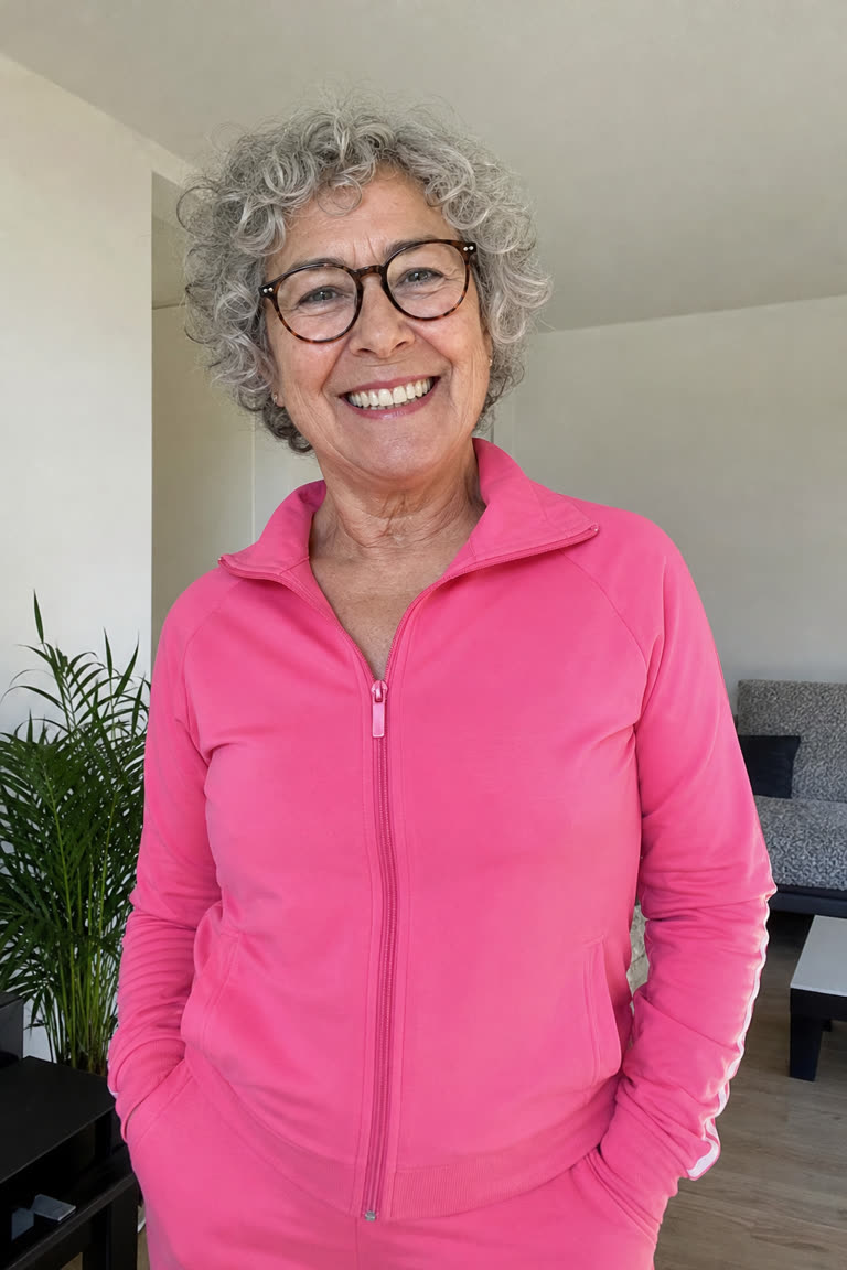 Input photo for the Crazy Frog AI example (rider): a smiling grandmother with curly grey hair, glasses and a pink tracksuit (AI-generated sample person)