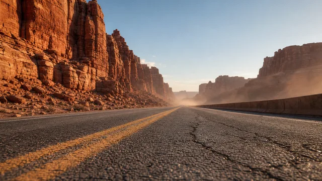 Desert canyon road: Red rock cliffs and cracked asphalt at golden hour