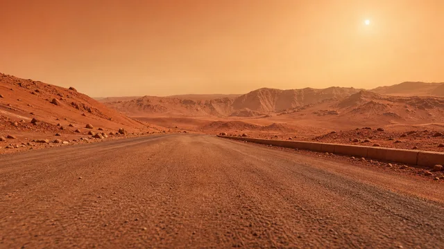 Mars highway: Red dunes and craters under an orange sky